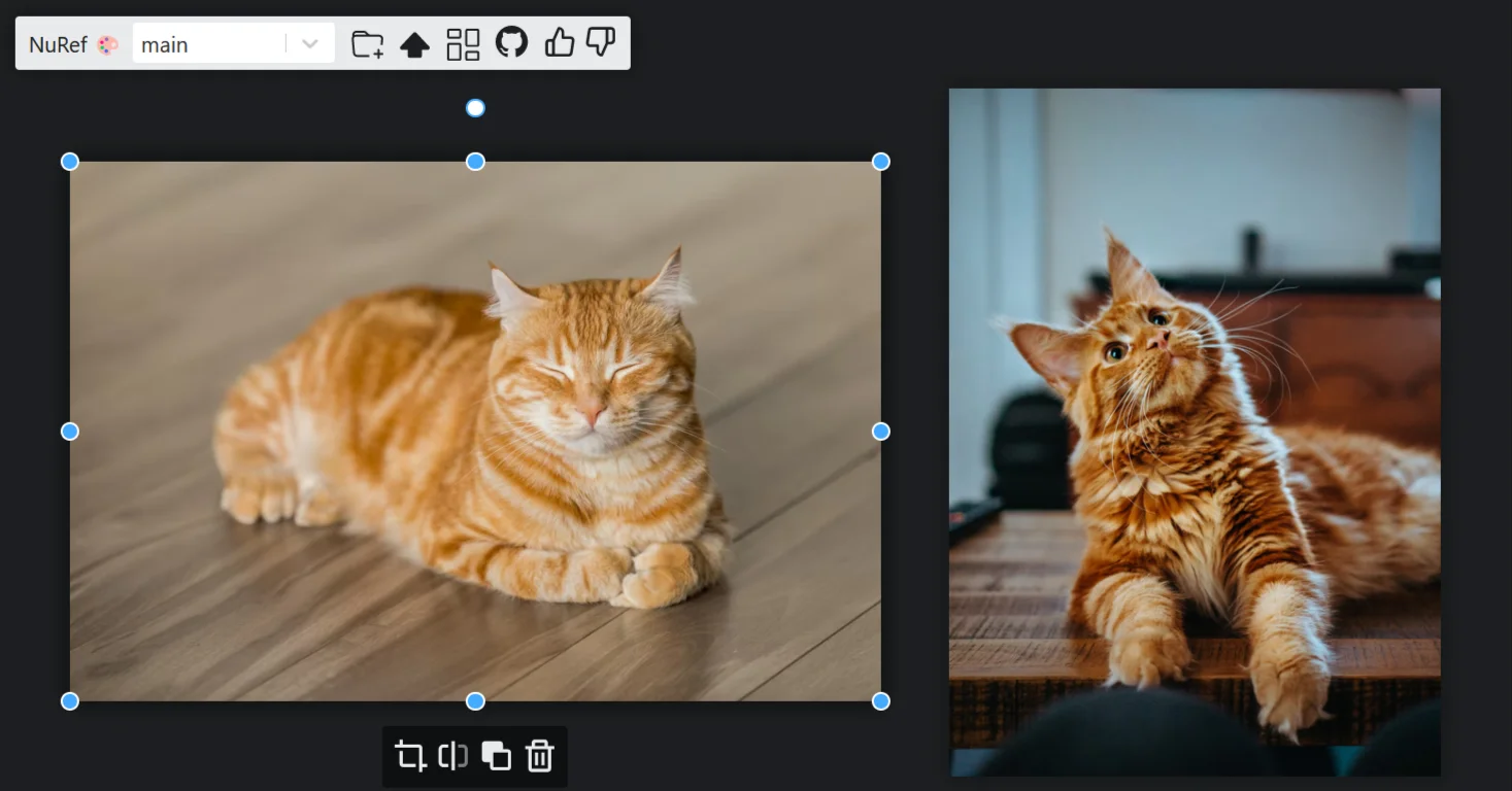 Webブラウザで表示されるNuRefのスクリーンショット。猫の写真が二枚表示されている。